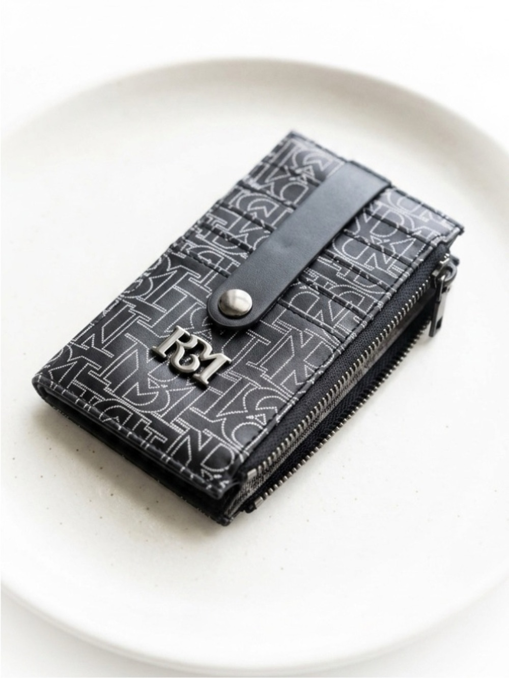Badgley Mischka Black Patterned Monogram Card Holder Coin Wallet with Silver NWT